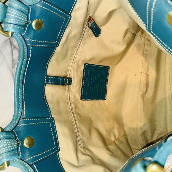 Vintage Coach Bleecker Natural Straw Tote Bag Teal Leather Boho Chic 15x13" Y2K - Picture 11 of 11